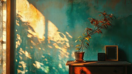 Poster - Serene indoor scene with a potted plant casting shadows on a textured teal wall illuminated by warm sunlight in a cozy setting