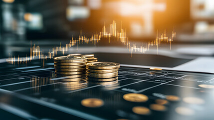 Poster - Stacks of coins on financial graphs, symbolizing investment and growth in a digital economy