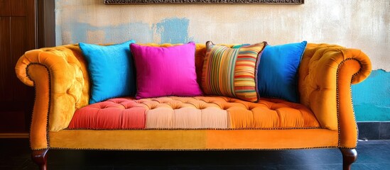 Poster - Vibrant pillows on a stylish sofa adding comfort and color to a modern living room interior design aesthetic