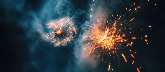 Aufkleber - Dramatic firework display with vibrant dandelion-shaped bursts illuminating the night sky with cascading embers and colorful sparks