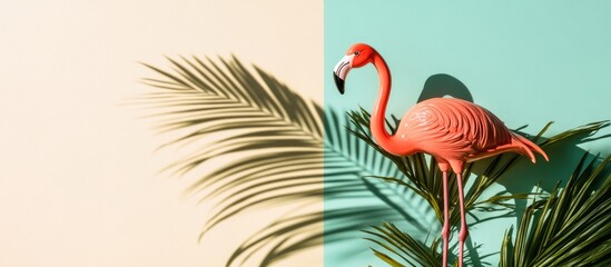 Poster - Flamingo toys casting vibrant shadows with palm leaf on a pastel backdrop creating ideal space for creative text or branding elements.