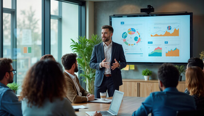 Diverse businesspeople gather in modern office conference room. Man in suit presents data on large screen, displaying charts, graphs. Team listens intently to presentation. Likely developing new