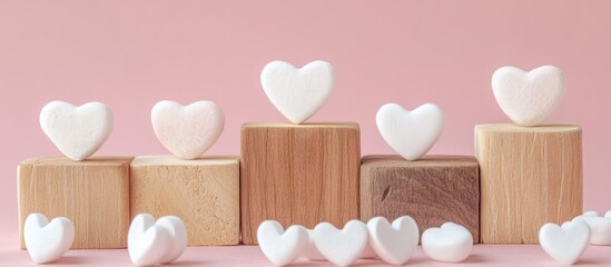 Wall Mural - Valentines Day wooden blocks with white hearts on a soft pink background creating a romantic and festive atmosphere for love celebrations