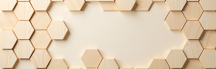 Poster - Soft Beige Wooden Hexagons Form A Natural Textured Background In This Serene Wall Block Panorama Of Earthy Tones And Gentle Design. 00003