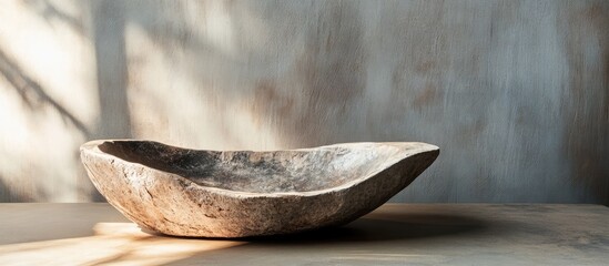 Poster - Natural light and authentic textures in interior design showcasing a rustic bowl on a minimalistic table for inspiring decor ideas