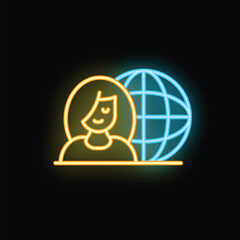 Poster - Neon sign of a happy woman with a world map globe in the background