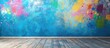 ©  AugmentArt - Vibrant paint splashes on blue wall with rustic hardwood floor showcasing artistic home decor inspiration and creative expression.