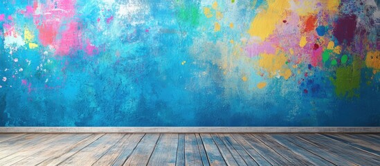 Poster - Vibrant paint splashes on blue wall with rustic hardwood floor showcasing artistic home decor inspiration and creative expression.