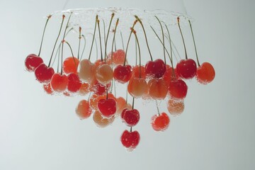 Aufkleber - A vibrant collection of cherries is suspended underwater, each fruit bubbling with freshness, vivid in color, and thriving in a clear, fluid environment.
