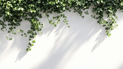 Poster - Ivy vines cascading down a pristine white wall creating a serene and natural aesthetic with soft shadows in the background.
