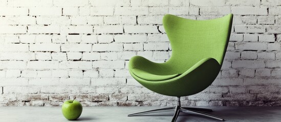 Poster - Contemporary green chair against a white brick wall with fresh green apple as a stylish interior decor accent and design inspiration