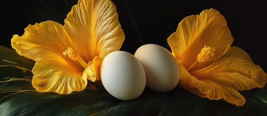 Two white eggs nestled amongst vibrant yellow hibiscus flowers on a dark background showcasing nature's beauty and contrast.