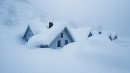 Poster - snow-covered rural houses in a tranquil winter landscape featuring soft, fluffy snow blanketing roof