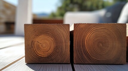 Poster - Close-up view of wooden planks showcasing annual rings on a terrace with a blurred background of outdoor furniture and table leg