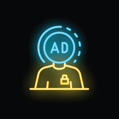 Poster - Neon icon representing a person blocking ads with a firewall security system, symbolizing online privacy and protection