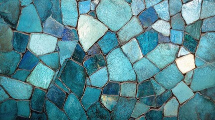 Poster - Aquamarine stained glass mosaic background with vintage texture and varied shades of blue and green for artistic and design applications
