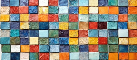 Poster - Colorful mosaic ceramic tile wall perfect for interior design inspiration showcasing vibrant textures and patterns for creative spaces.