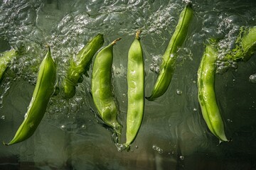 Poster - A group of vibrant green pods shown submerged in water, capturing the motion and bubbles to highlight freshness and vitality, with a dynamic aquatic feel.