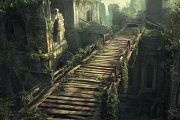 A mysterious ancient stone bridge, overgrown with vines and greenery, stands amidst a misty forest landscape, evoking a sense of adventure and exploration.