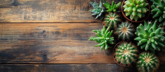 Poster - Lush and vibrant cactus arrangement on rustic wooden table enhancing home decor with natural greenery and texture