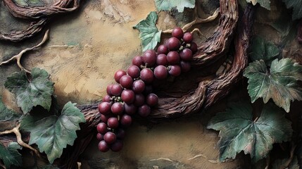Poster - Elegant still life of red grapes on a textured background showcasing vine leaves and natural elements of grapevines.