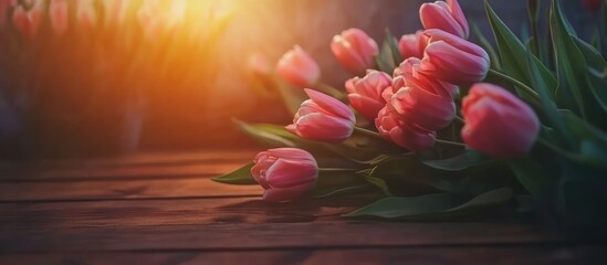 Poster - Delicate pink tulips beautifully arranged on a rustic wooden table with warm sunlight illuminating the scene