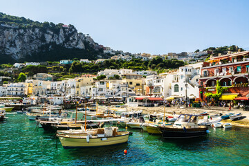 Small boats in the harbor of Marina Grande, island of Capri, Italy.