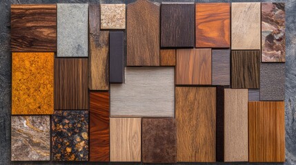Poster - Diverse Furniture Material Samples for Interior Design Featuring Natural and Constructed Surfaces in a Flat Lay Composition