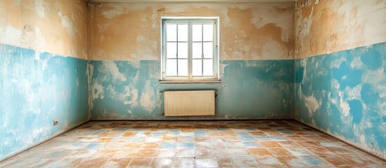 Poster - Vacant room with distressed painted walls and tiled floor illuminated by natural light from a corner window