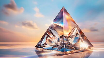 A shimmering crystal pyramid with prismatic light reflections