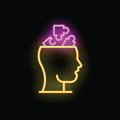 Poster - Neon style illustration of a human head silhouette with puzzle pieces inside representing the concept of problem solving