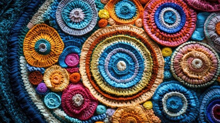 Poster - Colorful crochet circular patterns showcasing intricate textile art and craftsmanship in vibrant hues and diverse designs