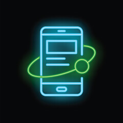 Poster - Neon sign depicting a smartphone with a globe orbiting around it, symbolizing global network reach and connectivity