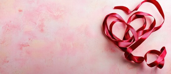 Wall Mural - Red ribbon heart on pink paper background for Valentine's Day greeting card with space for personalized message and festive theme.