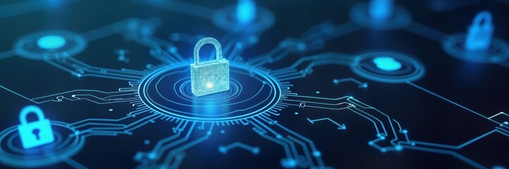 Leinwandbilder - Digital lock icon on futuristic tech background. Secure cyberspace system with privacy and data protection. Modern illustration of online security and cyberspace laws. Illustrates tech safety concept.