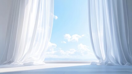 Poster - Light and airy room with white translucent curtains framing a bright blue sky and soft clouds through the window.