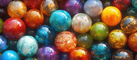 Poster - Colorful glass marbles arranged in a playful, vibrant pattern exhibiting a variety of hues and textures for creative backgrounds or designs