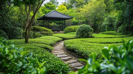 Poster - Serene tea garden landscape with lush green foliage and tranquil walking path under a decorative pavilion in a peaceful natural setting