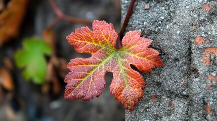 Poster - Vibrant red vine leaf against a textured brick wall showcasing natural beauty and autumn hues in a close-up perspective