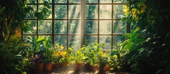 Poster - Vibrant garden view through a sunlit window creating a serene indoor nature ambiance with lush plants and bright colors