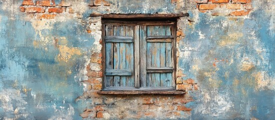 Poster - Weathered brick wall with a rustic vintage wooden window showcasing architectural charm and character in a weathered urban setting