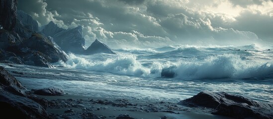 Poster - Dramatic coastal landscape with crashing waves under a moody sky highlighting the beauty and power of nature's seashore scenery