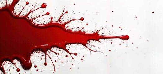 Poster - Red liquid drips, splashes on white background. Abstract design with paint splatter. Painterly effect. Red color dominant. Graphic image. Creative visual element. Bloody splatter effect. Dramatic