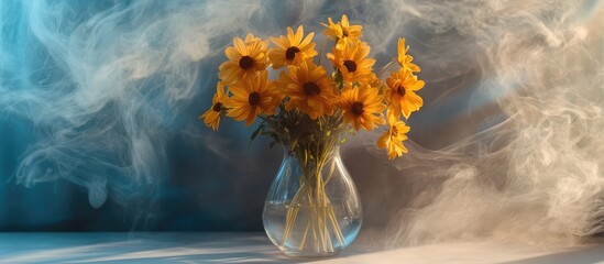 Poster - Vibrant yellow flowers in a clear vase with swirling smoke creating a captivating and dynamic atmosphere for floral and art photography.
