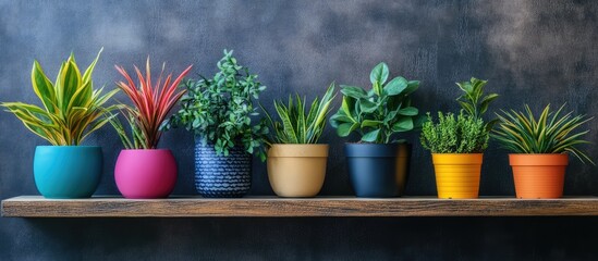 Poster - Colorful potted plants displayed on a rustic wooden shelf creating a warm and inviting home decor ambiance with natural elements