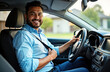 © Pete - Smiling Hispanic man in casual attire sits in car. Taxi driver preparing for ride. Fastening seatbelt. Daytime photo of happy taxi driver ready to start driving. Service-oriented person looks