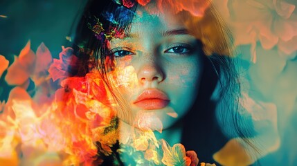 Poster - Colorful abstract portrait with floral elements creating a dreamy and vibrant atmosphere conveying emotions and artistic expression.