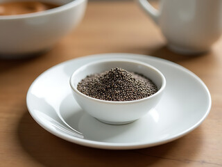 Aufkleber - Small Bowl Of Chia Seeds Sits Atop A Wooden Table, Surrounded By A Simple White Porcelain Plate And Clean Kitchen Setup. 00003