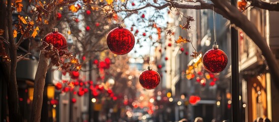 Poster - Festive red ornaments adorn tree branches in a lively street scene, creating a vibrant holiday atmosphere for celebrations and gatherings.