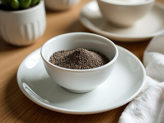 Aufkleber - Small Bowl Of Chia Seeds Sits Atop A Wooden Table, Surrounded By A Simple White Porcelain Plate And Clean Kitchen Setup. 00001